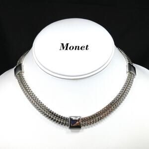 Vintage Monet Silver Tone Box Chain Choker Necklace Adjustable